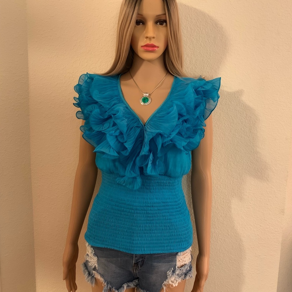 Beautiful Turquoise Ruffle Smocked waist SZ L NEW!